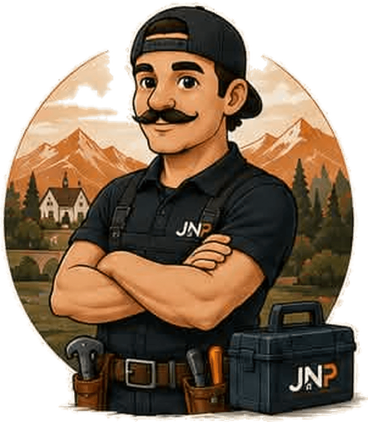 L'artisan JNP, les bras croisés devant les Pyrénées, avec sa caisse à outils